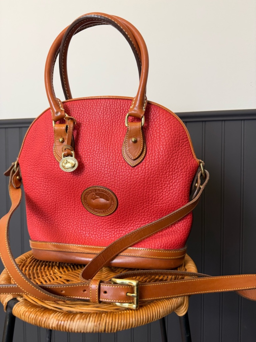 Vintage Dooney & Bourke Red Pebbled Leather Crossbody with Tan Trim